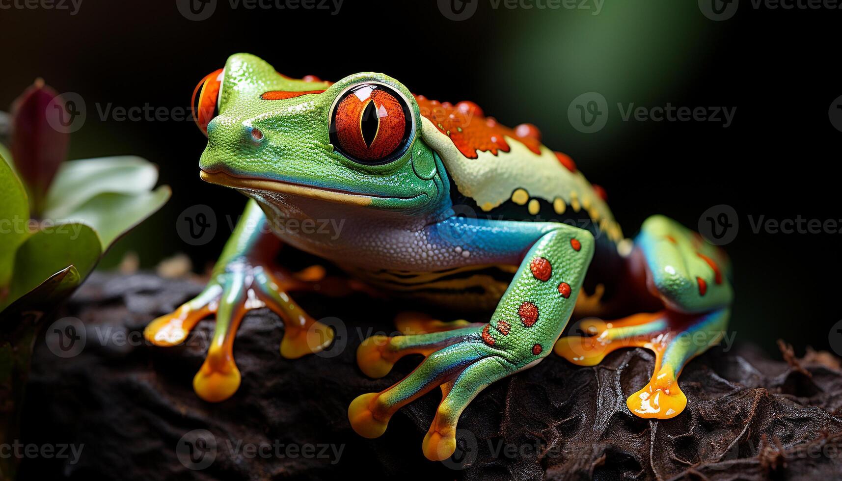 Cute tree frog sitting on a branch in tropical rainforest generated by AI photo