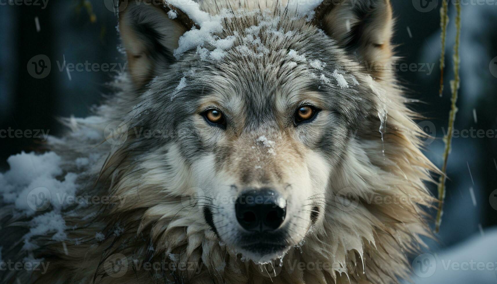 A cute, purebred dog sits in the snowy winter forest generated by AI photo