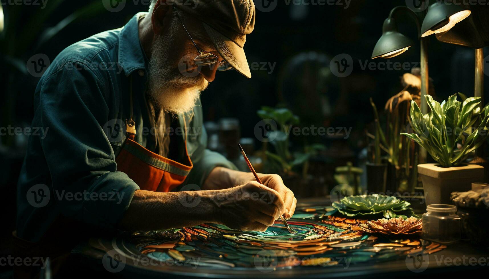 A skilled senior man making pottery in his indoor workshop generated by AI photo