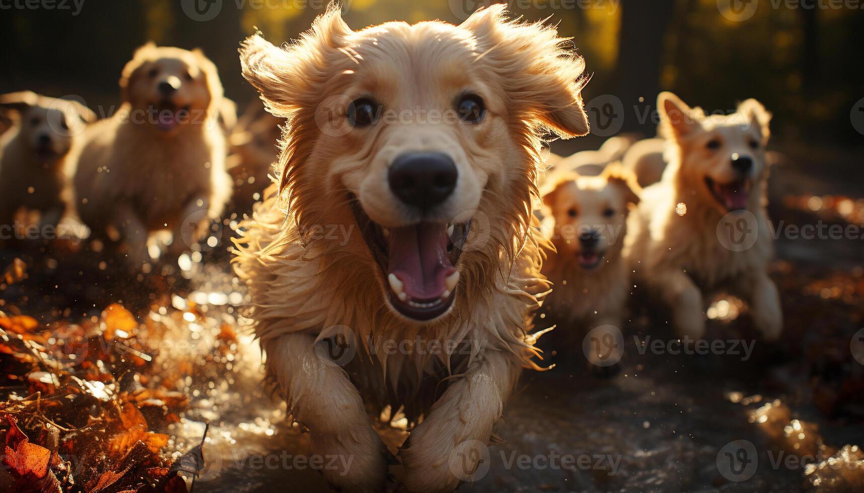 Cute puppy playing in the water, joyful and playful in summer generated by AI photo