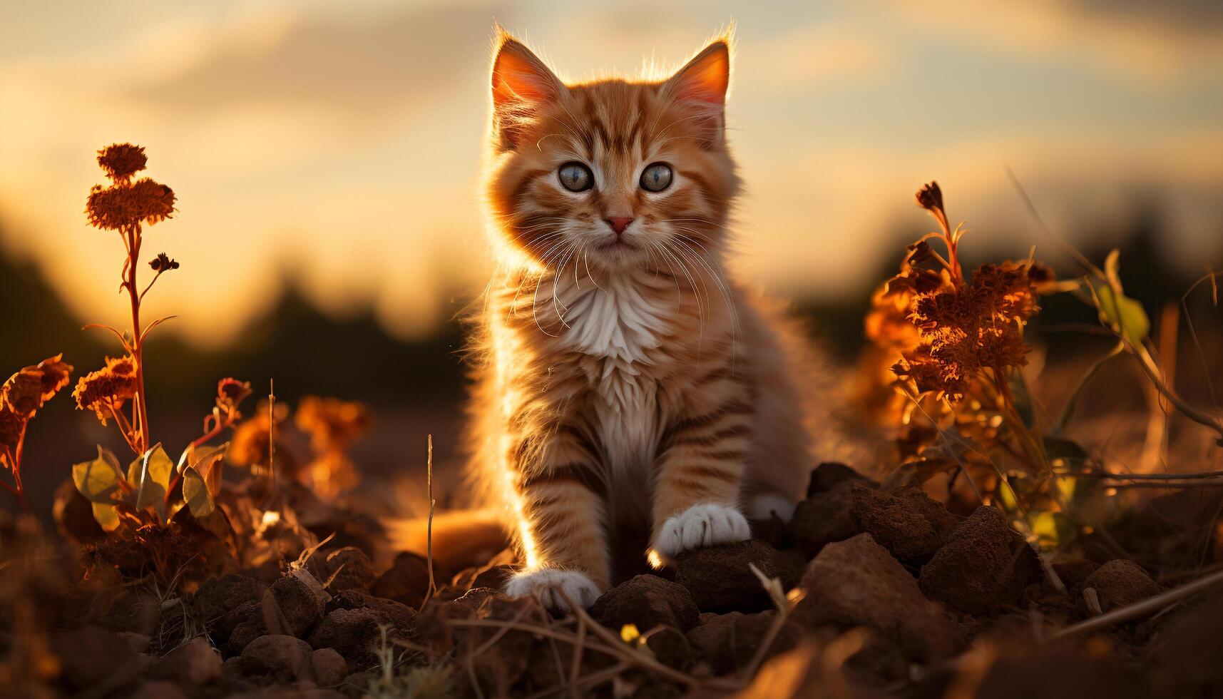 Cute kitten sitting in grass, playful and curious, staring at camera generated by AI photo