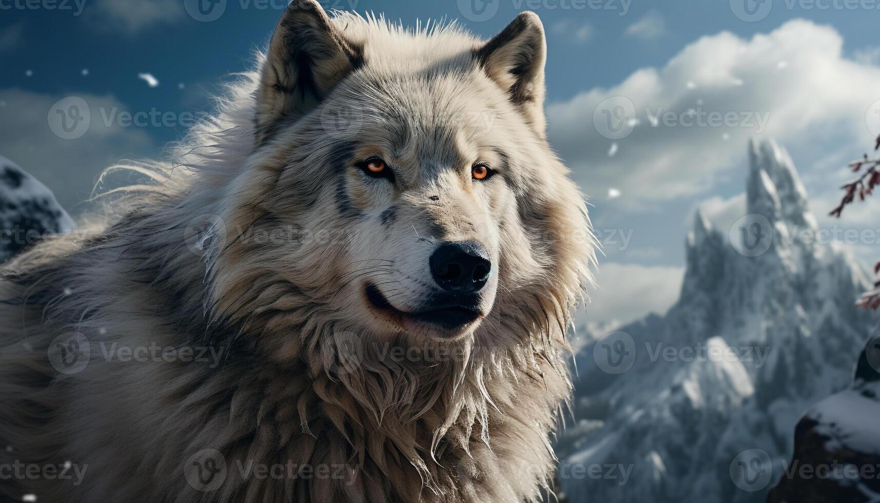 Majestic wolf in the arctic forest, looking at camera with intensity generated by AI photo