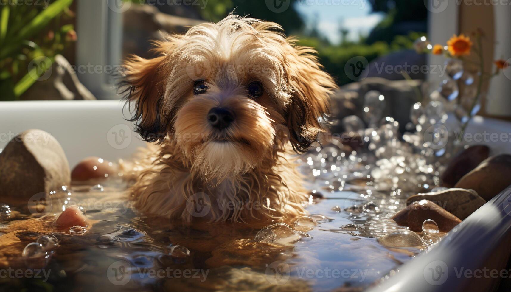 A cute puppy sitting by the pool, looking at the camera generated by AI photo