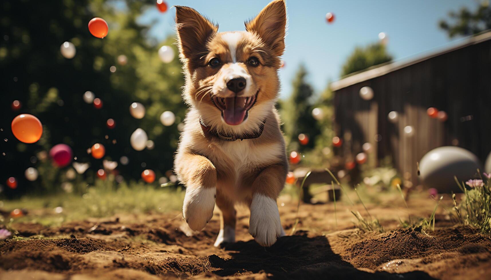 linda perrito jugando con un juguete pelota en el césped generado por ai foto