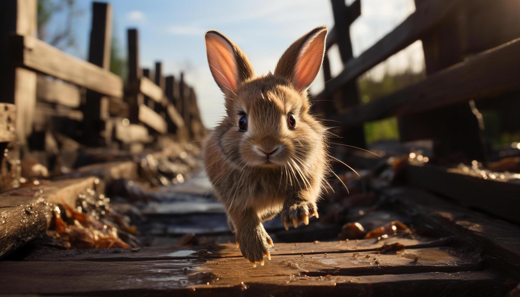 Cute domestic rabbit sitting on grass, enjoying the sunny meadow generated by AI photo