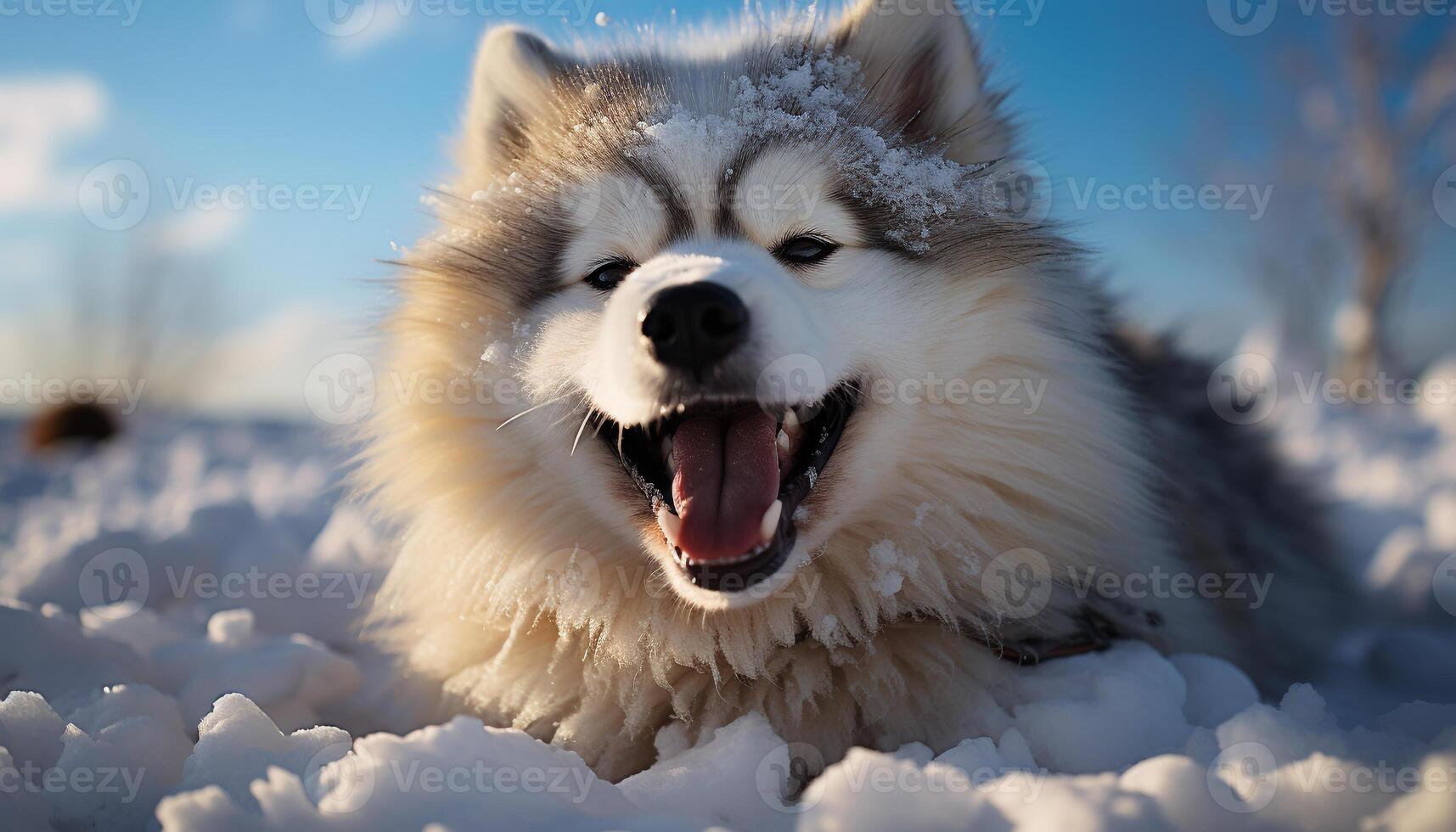 A fluffy Samoyed puppy playing in the snow, looking cheerful generated by AI photo