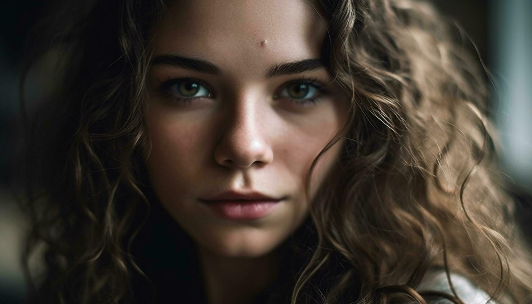 A beautiful young woman with brown hair looking at camera generated by AI photo