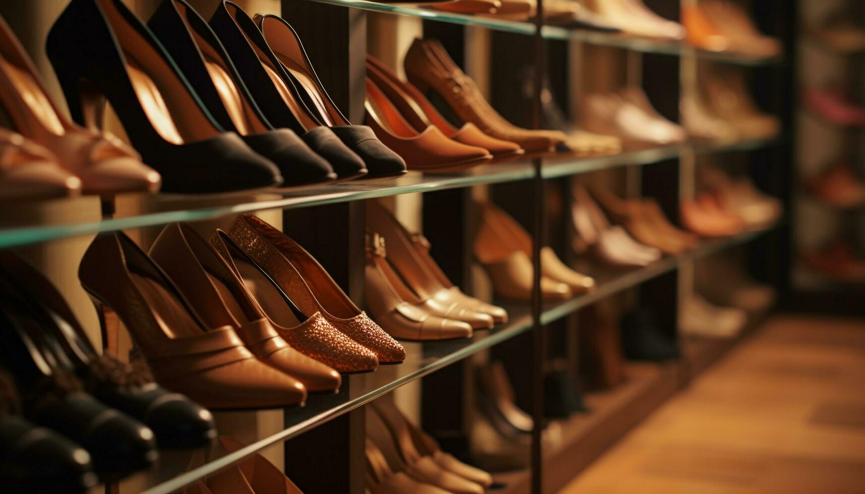 Large collection of leather shoes on display in a modern boutique generated by AI photo