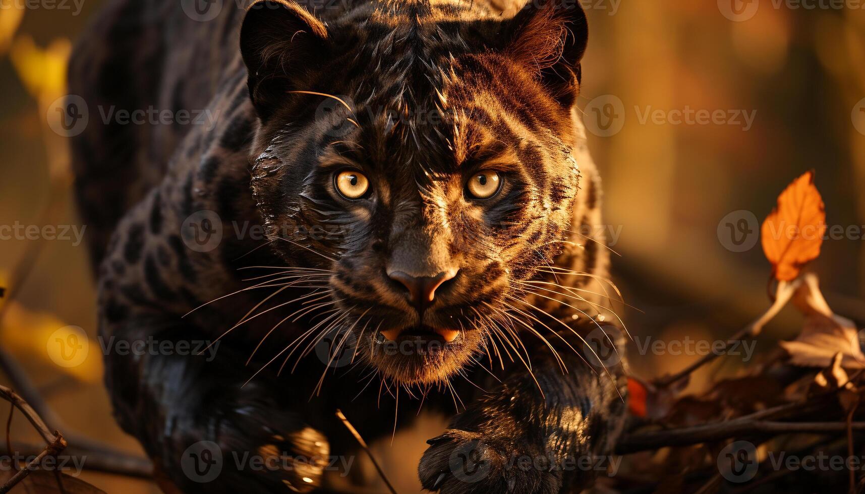 Cute feline looking at camera in autumn forest, playful kitten generated by AI photo