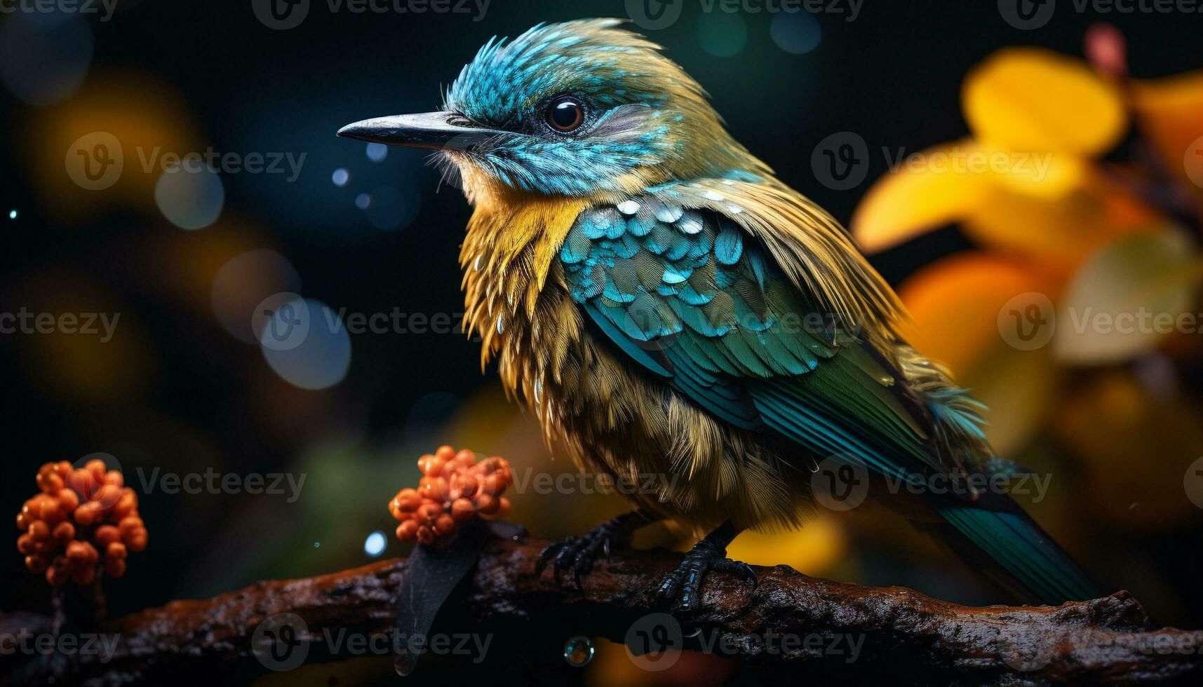 A vibrant bird perching on a branch in the tropical forest generated by AI photo