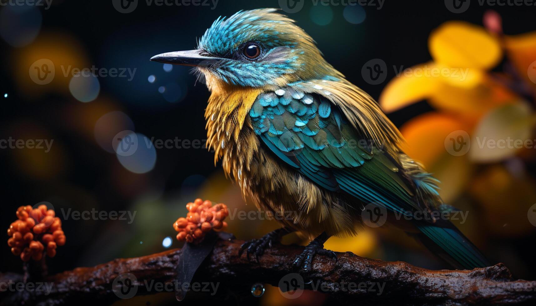 A vibrant bird perching on a branch in the tropical forest generated by AI photo
