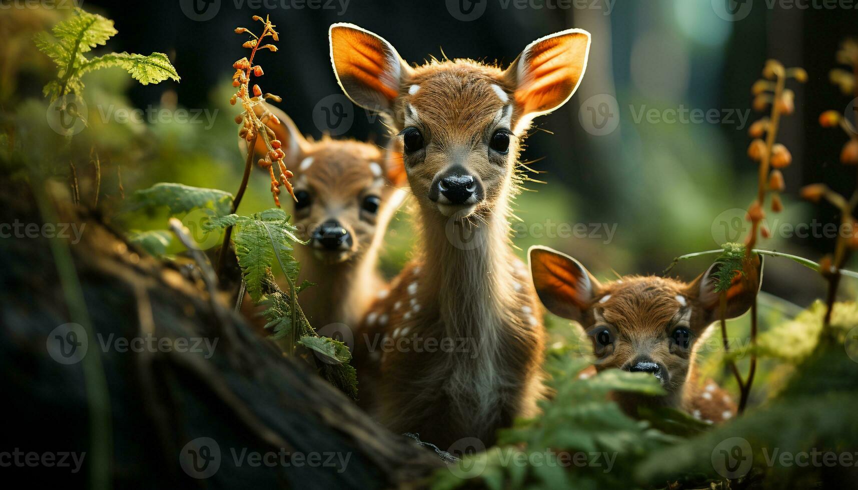 Cute young deer looking at camera in green forest meadow generated by AI photo