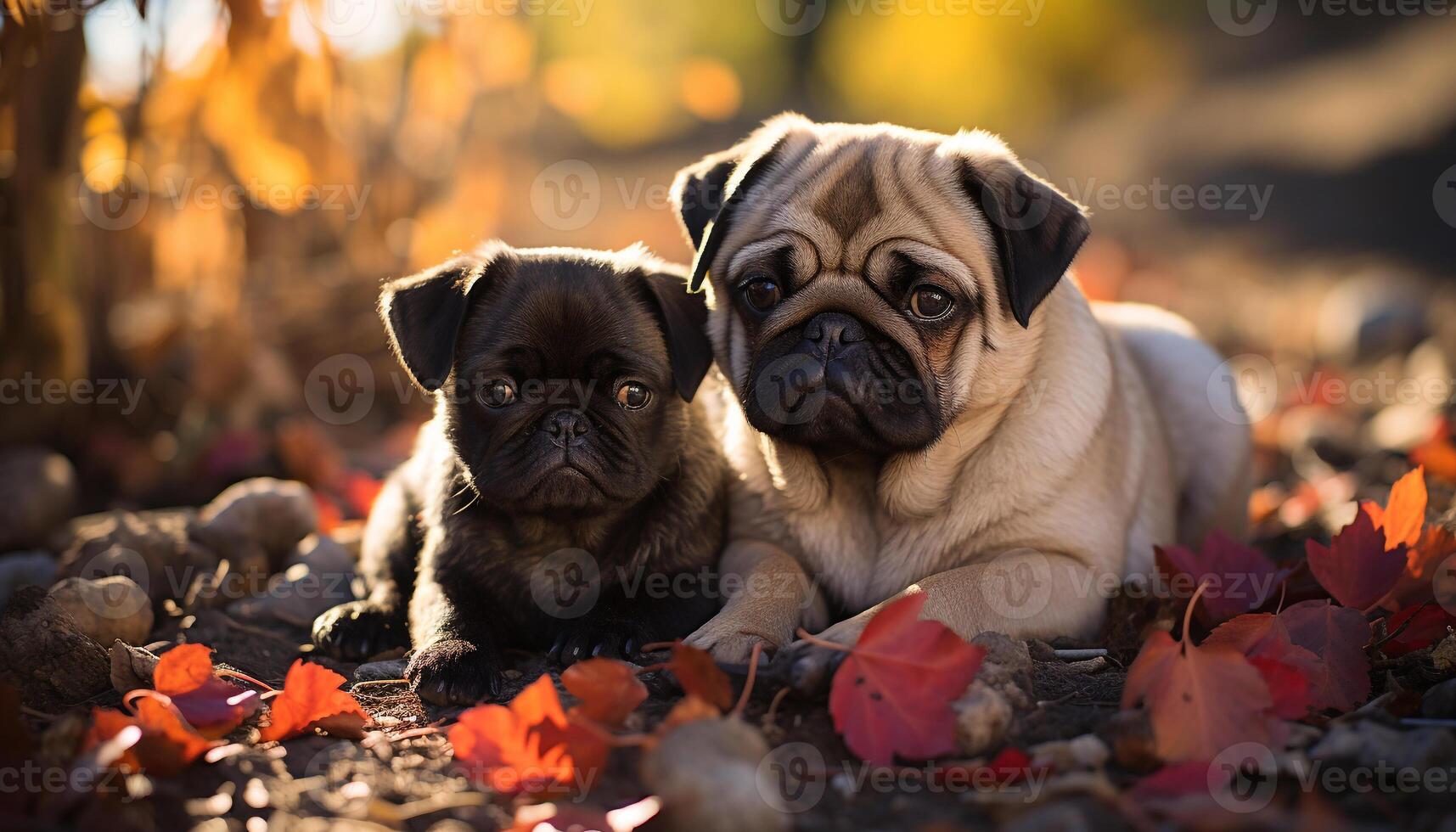 Small dog sitting in grass, cute pug looking for friendship generated by AI photo