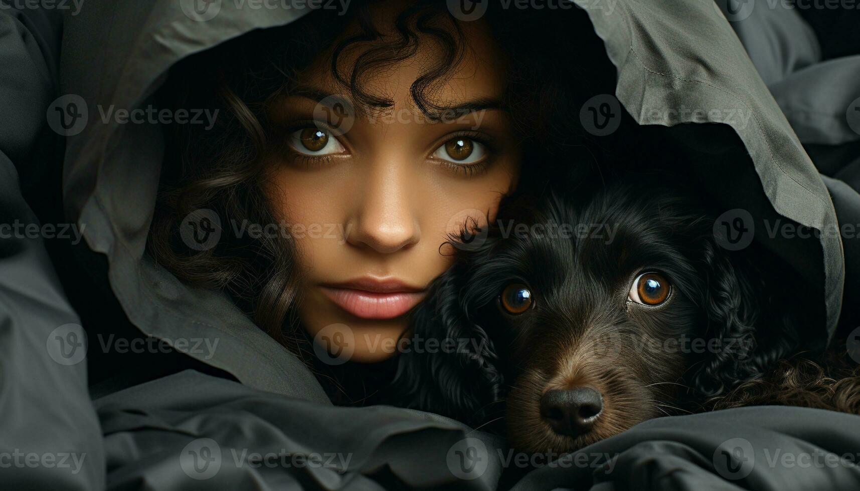 Cute dog looking at camera, small puppy, smiling, curly hair generated by AI photo