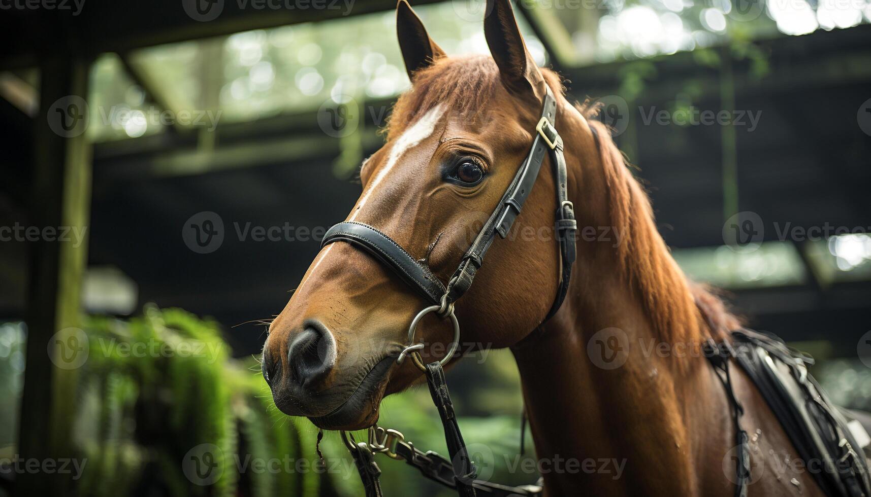 Beautiful horse grazing in a meadow, a portrait of nature generated by AI photo
