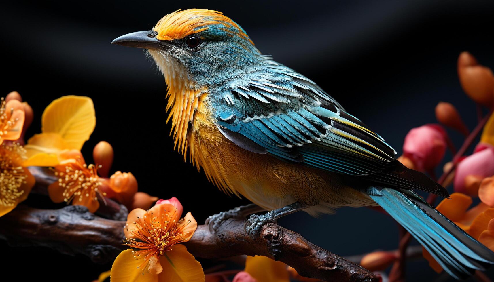 A vibrant bird perching on a branch in the wild generated by AI photo