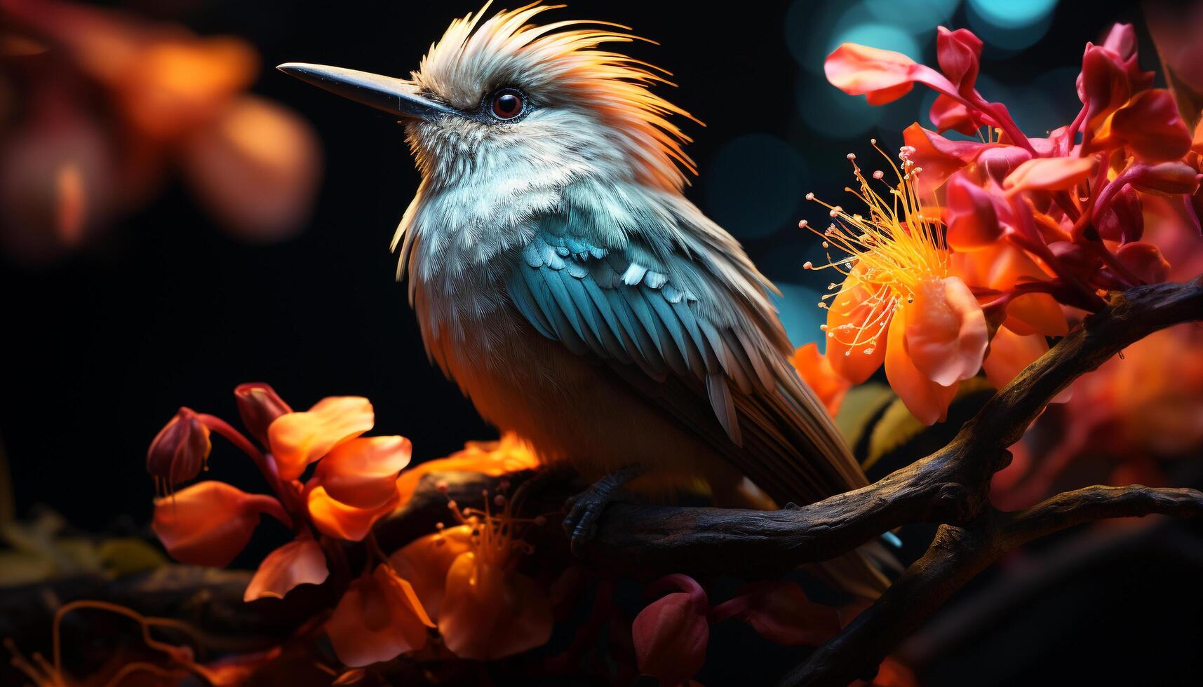 Hummingbird perching on a branch, vibrant colors, natural beauty generated by AI photo