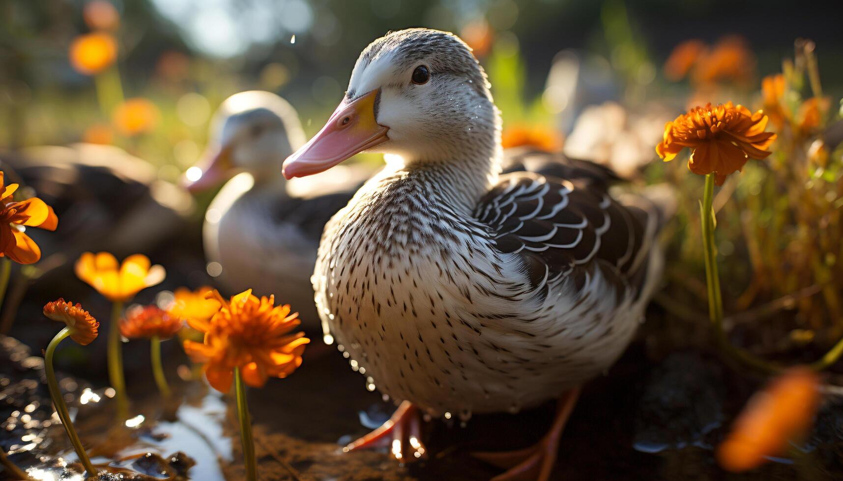 Beauty in nature Mallard duck, cute duckling, green meadow, autumn generated by AI photo