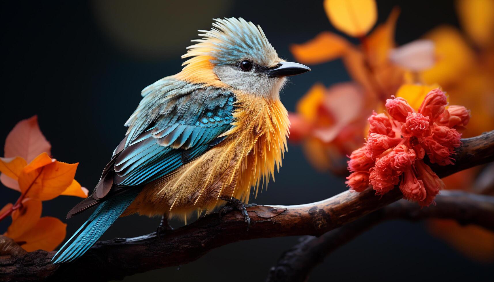 One vibrant bird perching on a branch, nature beauty showcased generated by AI photo
