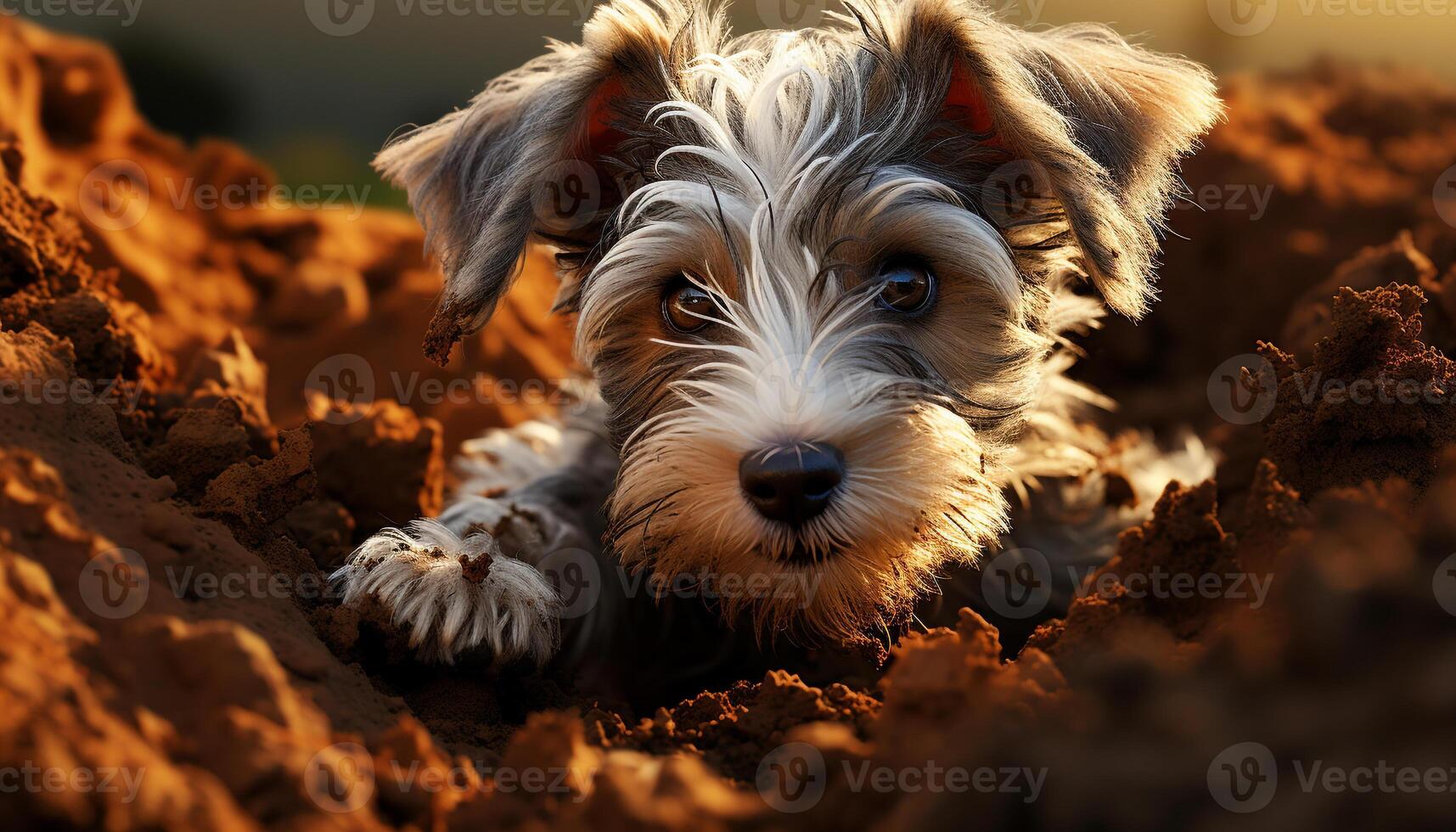 Cute puppy sitting in grass, looking at camera with happiness generated by AI photo