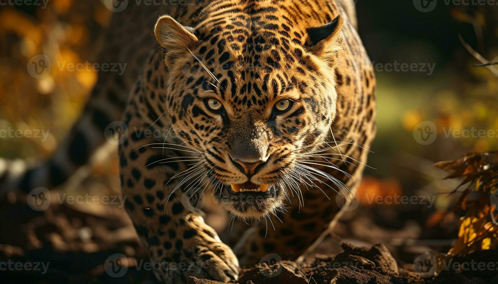 Majestic big cat walking in the wilderness, beauty in nature generated by AI photo