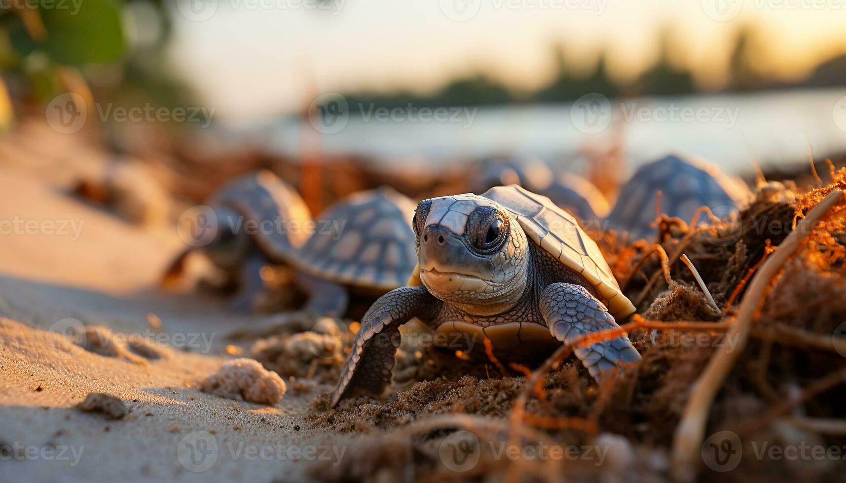 linda Tortuga gateando en arena, disfrutando tropical clima y luz de sol generado por ai foto