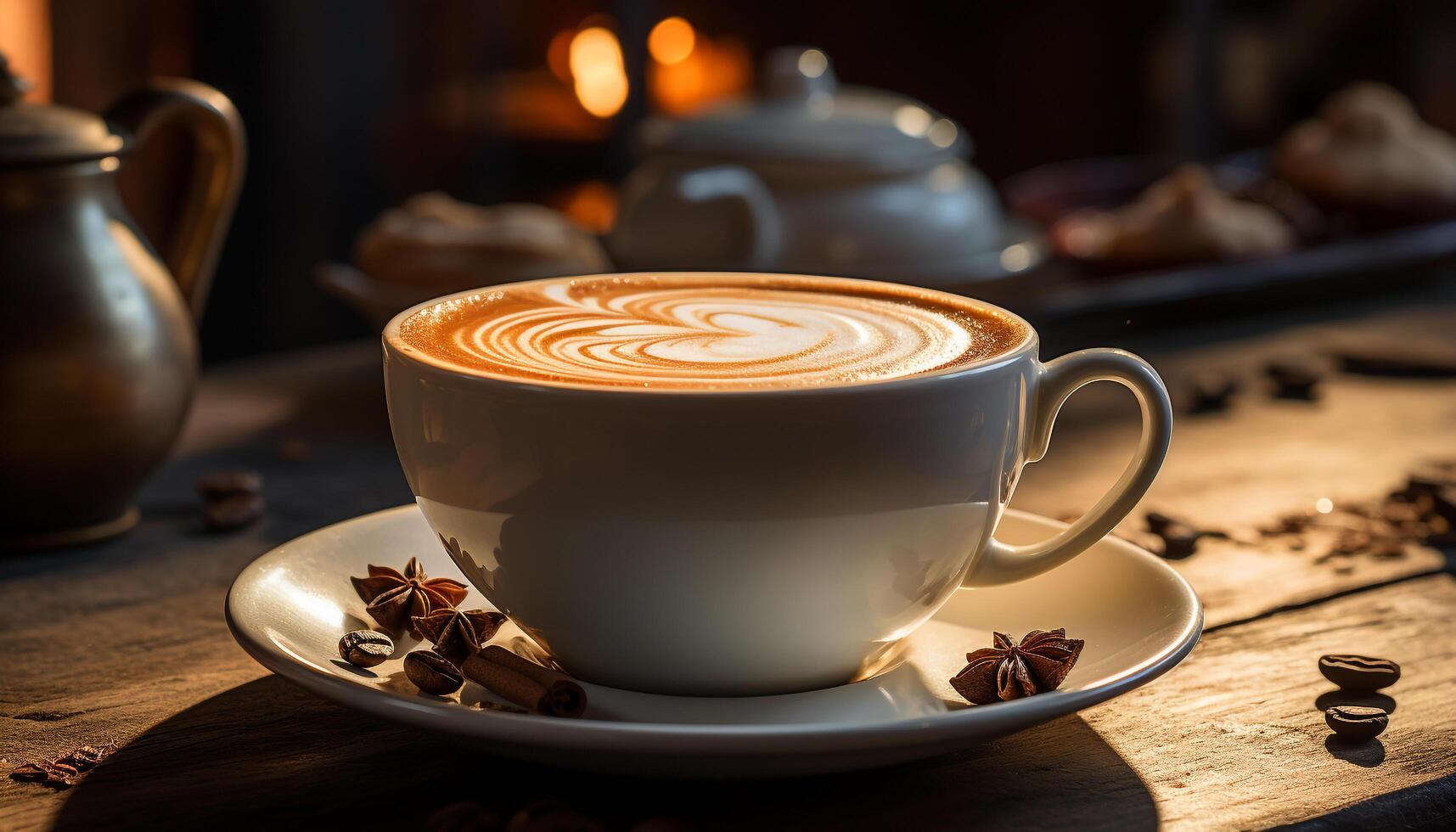 Aromatic coffee cup on wooden table, a frothy, refreshing indulgence generated by AI photo