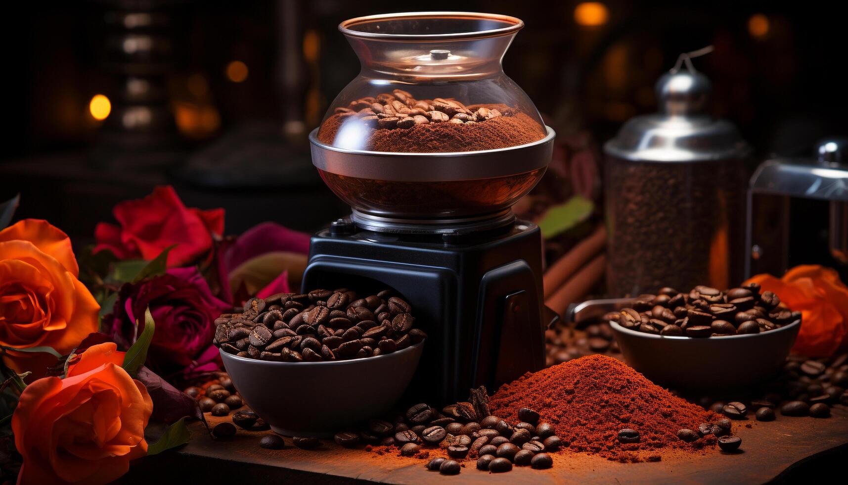 Aromatic coffee beans on a rustic wooden table, brewing freshness generated by AI photo