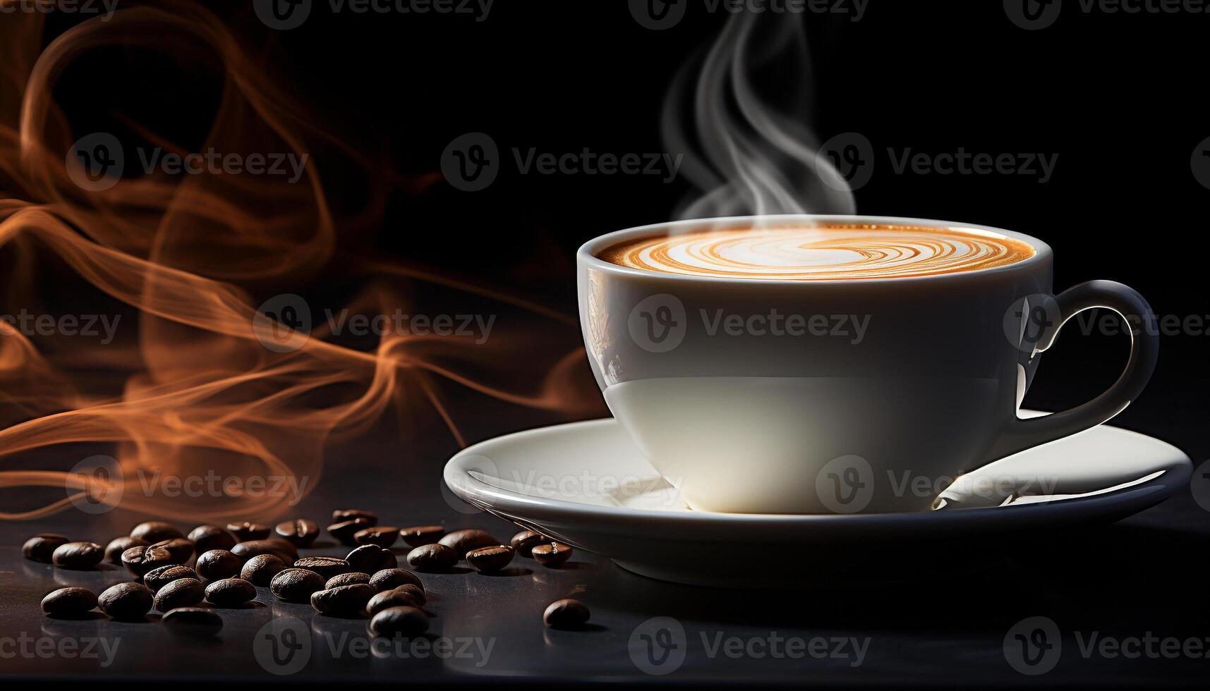 Coffee cup, steam, frothy drink, saucer, hot drink, aroma, elegance, pattern, shape generated by AI photo