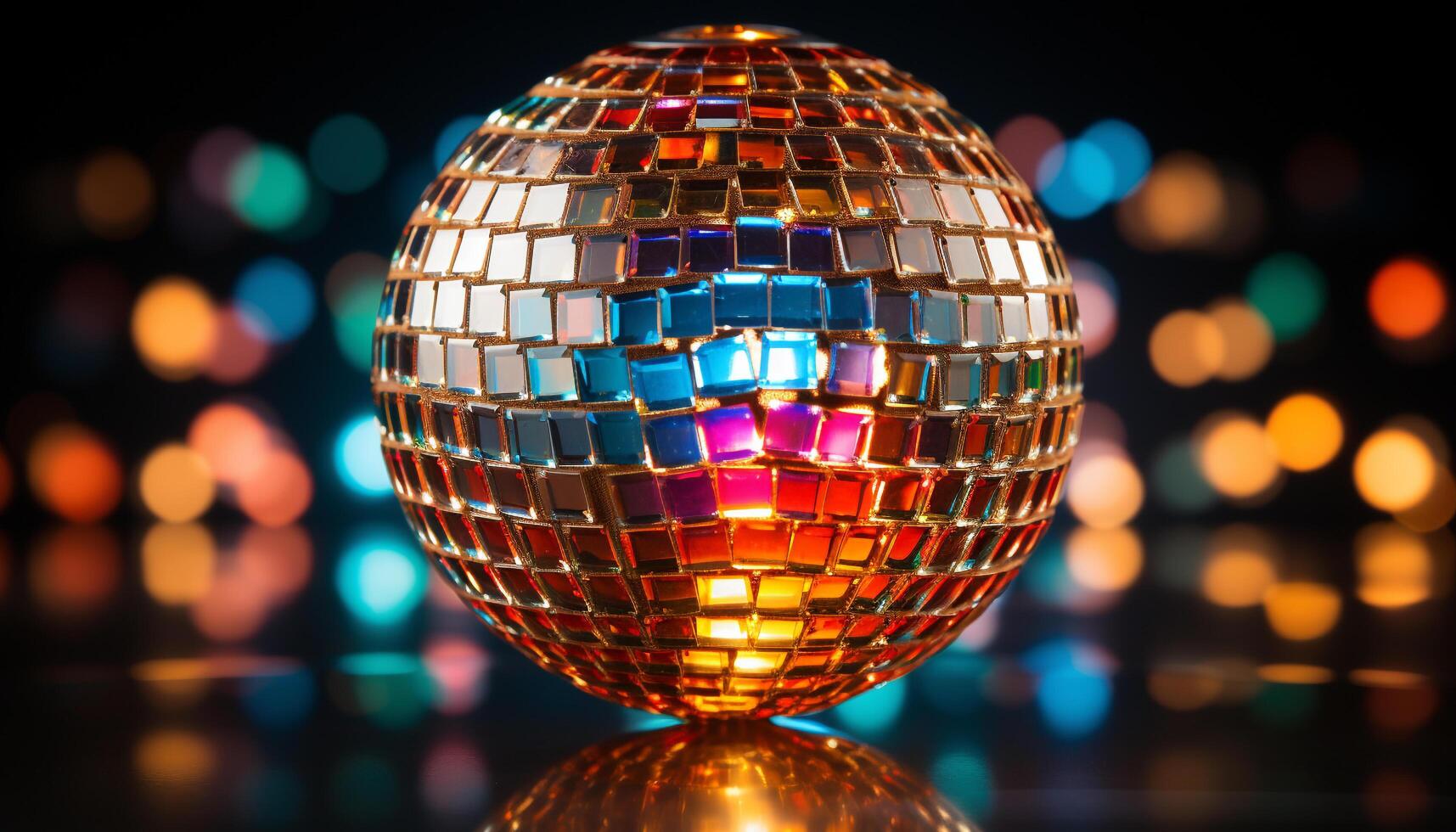 Shiny disco ball illuminates vibrant nightclub, glowing with celebration generated by AI photo