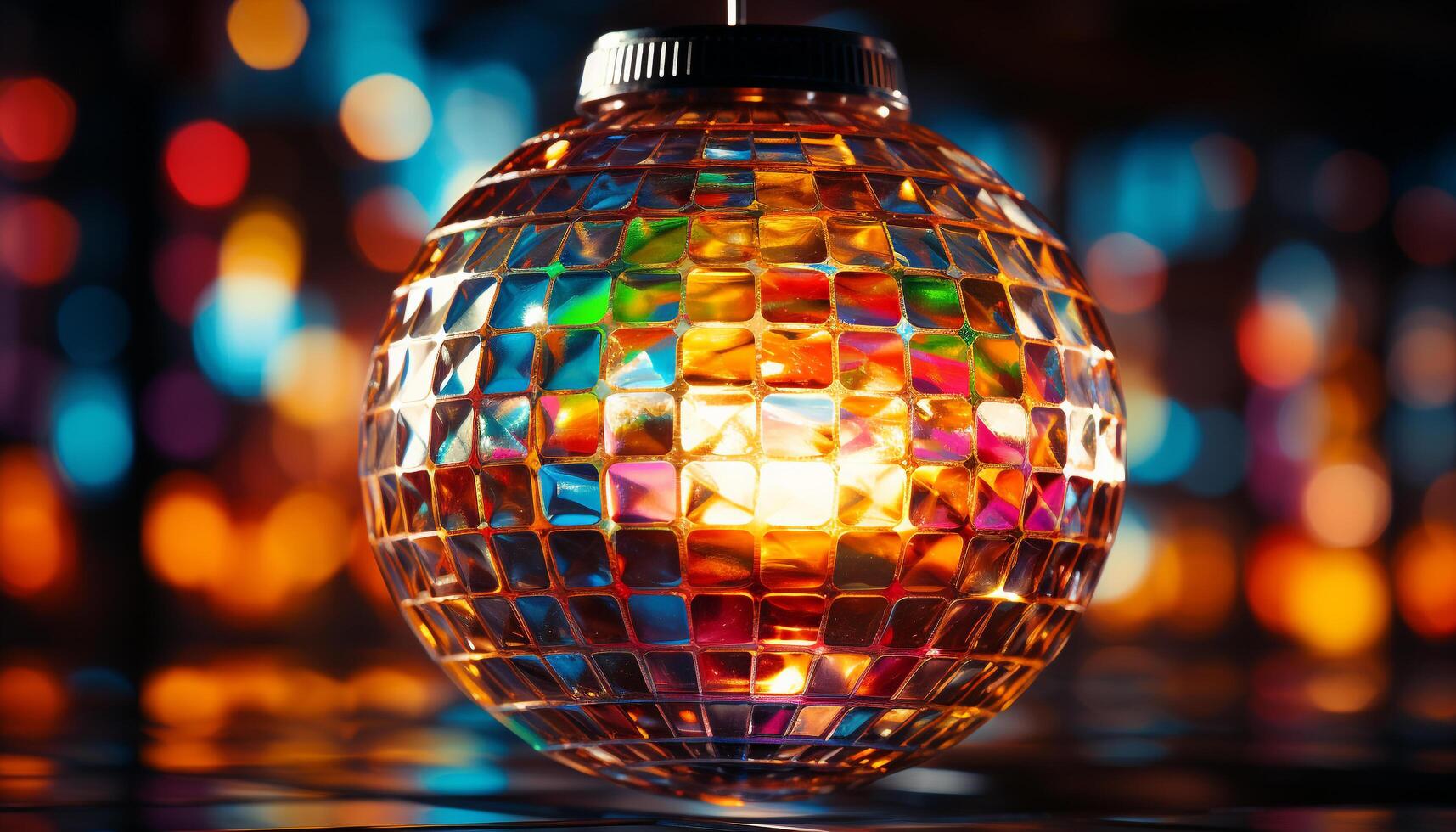 Shiny disco ball illuminates vibrant nightclub, glowing with electric excitement generated by AI photo