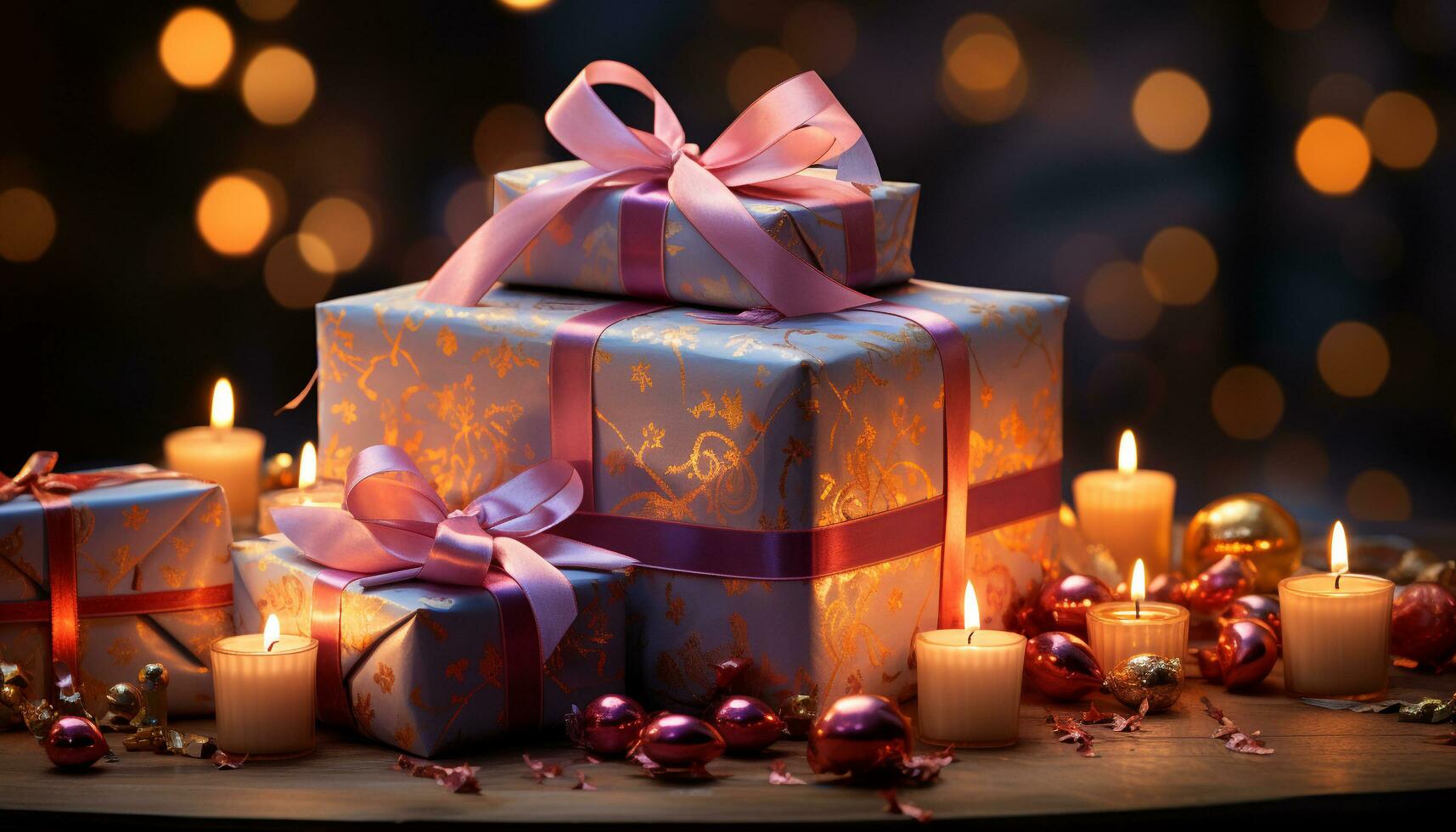 A glowing gift box illuminates the winter night with celebration generated by AI photo