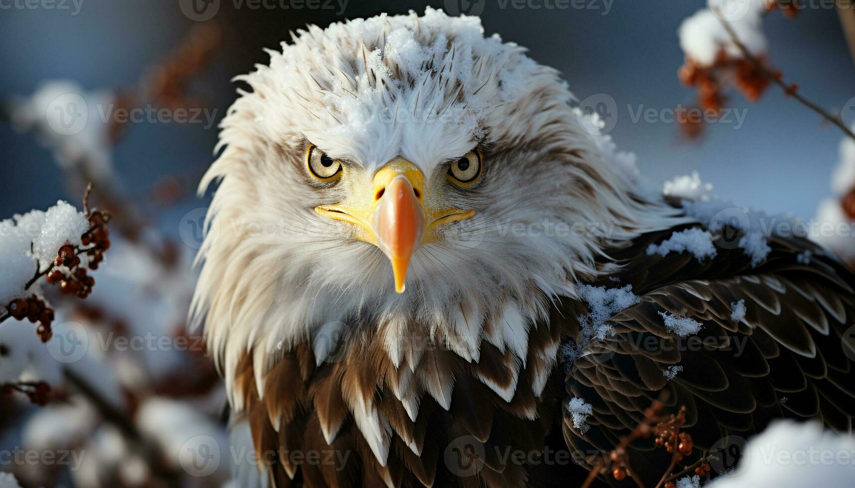 Majestic bald eagle perching on snowy branch, looking at camera generated by AI photo