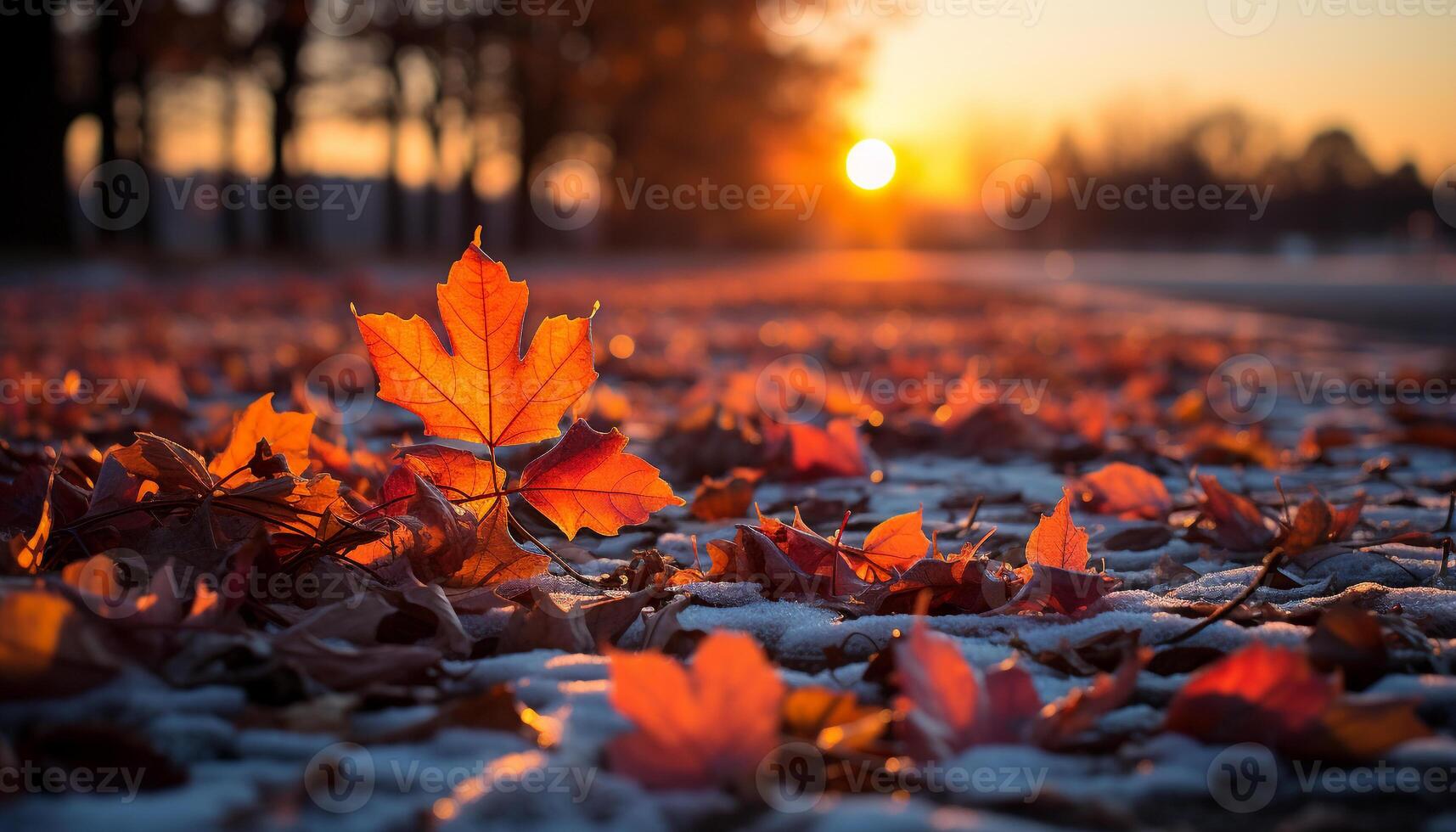 otoño hoja, naturaleza vibrante belleza en puesta de sol brillante colores generado por ai foto