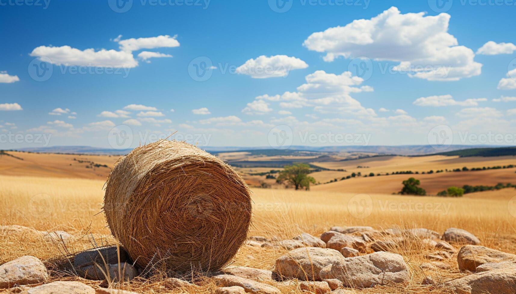 Idyllic rural scene rolling meadow, golden wheat, haystacks under sunset generated by AI photo