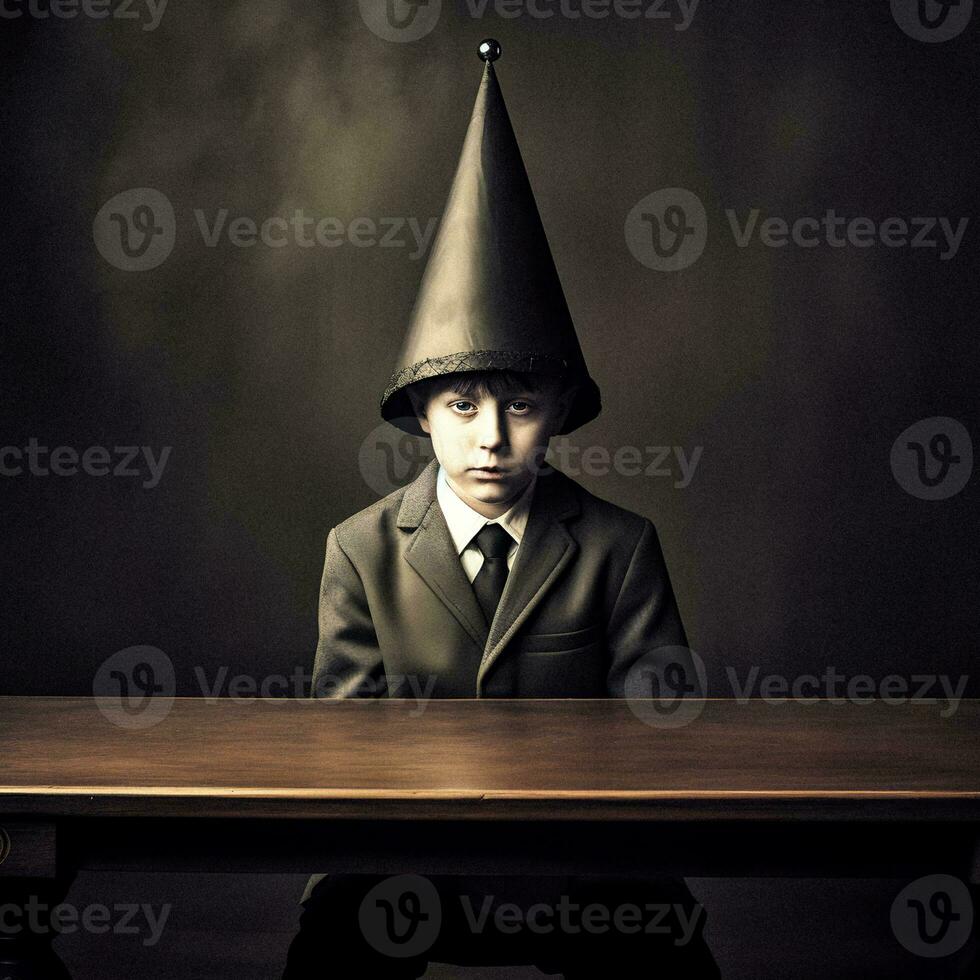 Retrograde Classroom Discipline Punished Pupil in Dunce Cap   generative ai photo