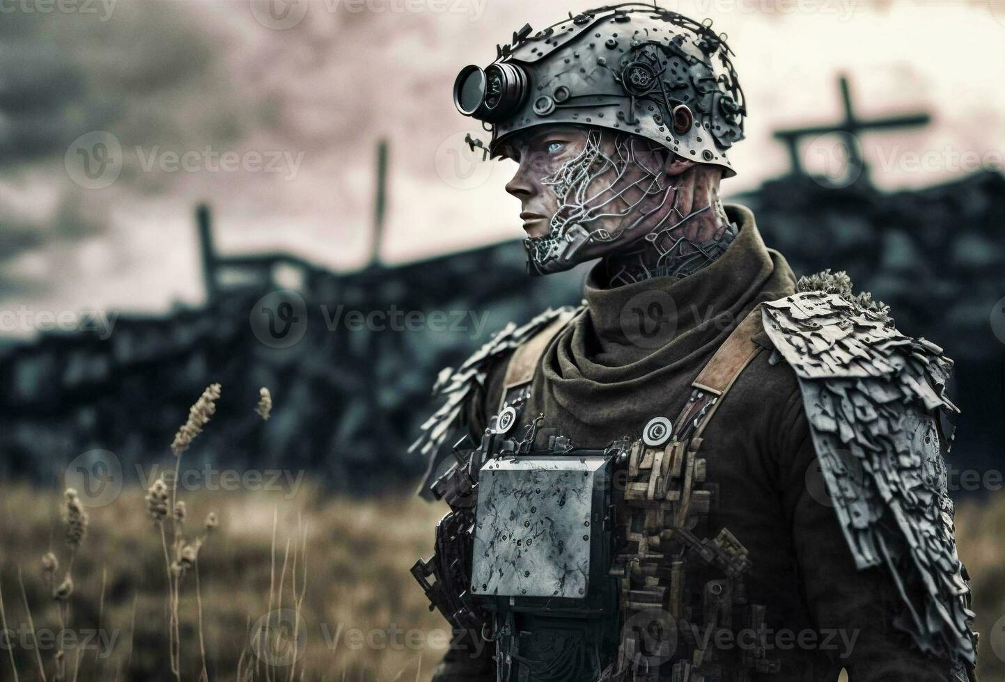 retrofuturista cyborg wwi soldado en el campo de batalla generativo ai foto