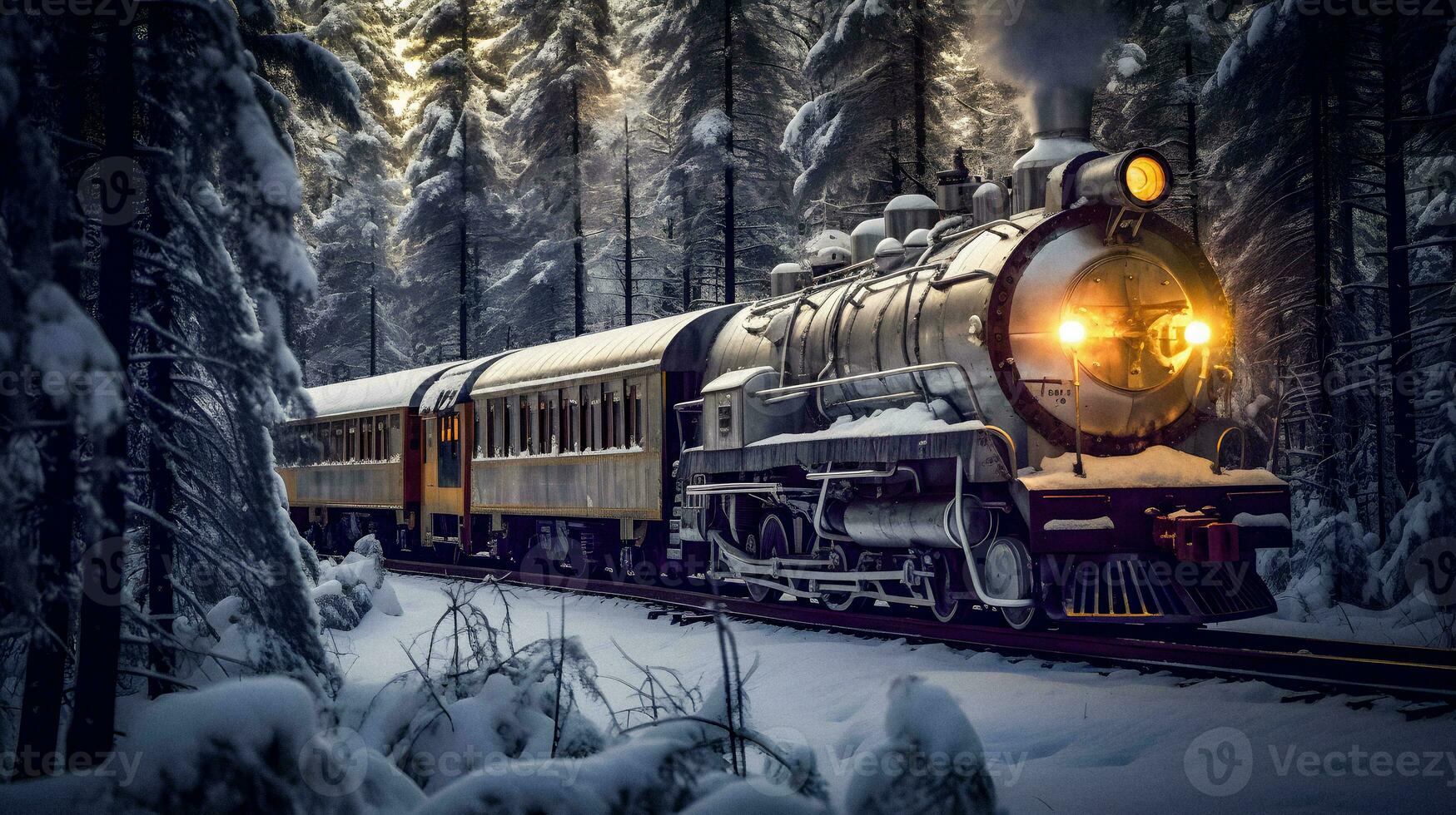 retrofuturista Steampunk tren en medio de siberiano congelado bosque generativo ai foto