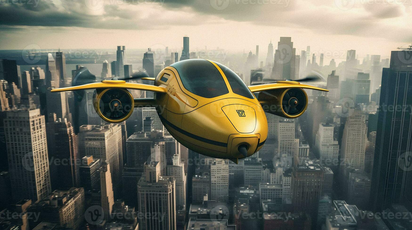 Futuristic Yellow Flying Cab Soaring Over Manhattan   generative ai photo