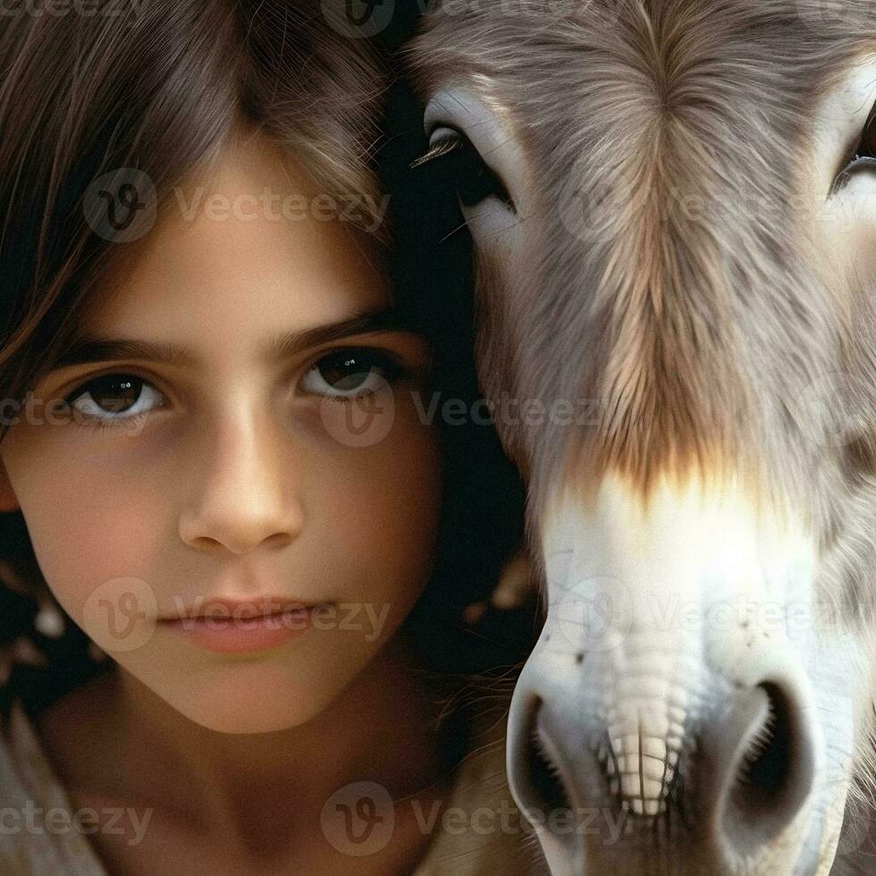 Joyful Connection Girl and Donkey in Generative AI Portrait photo