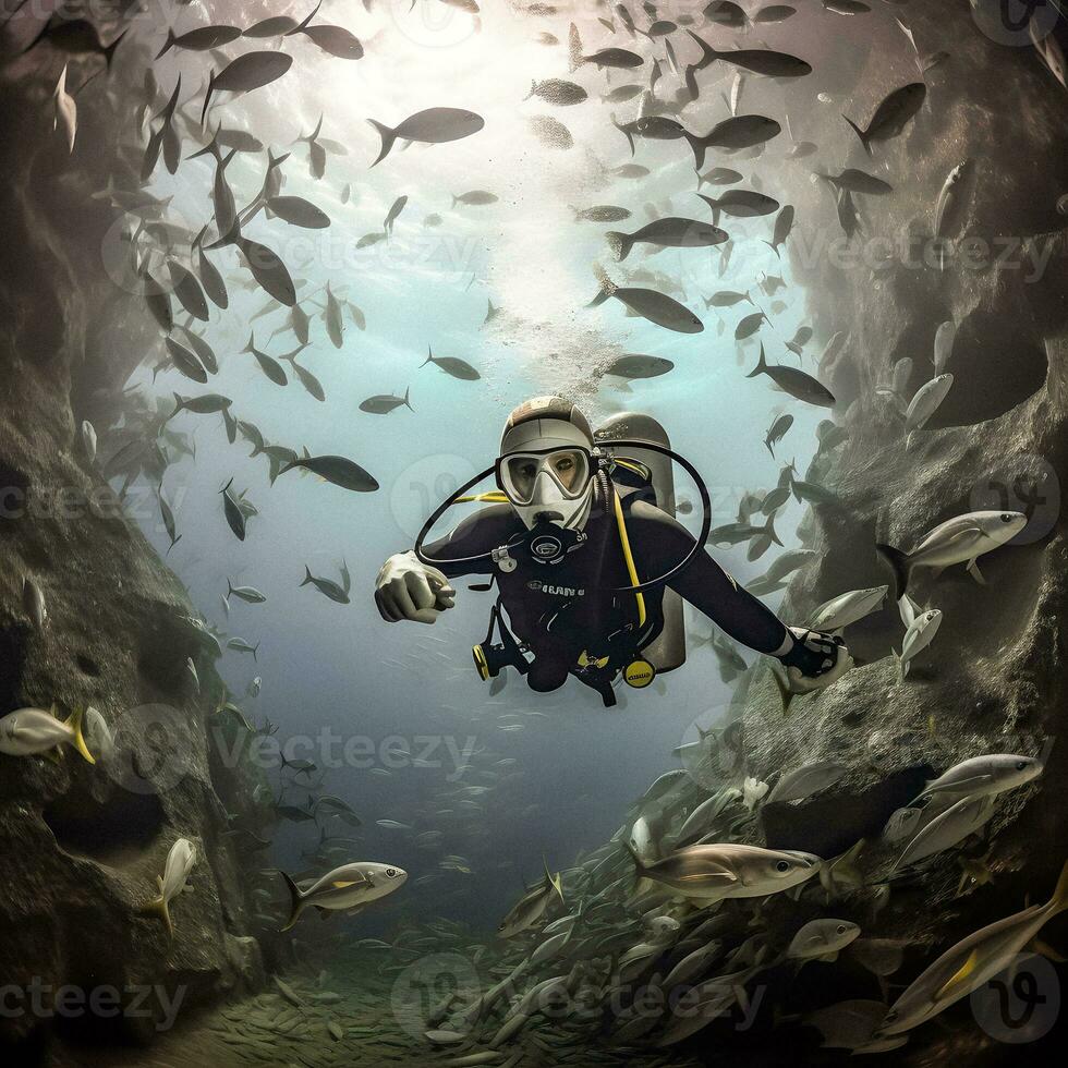 Diver Amidst Enchanted Fish Ballet   generative ai photo
