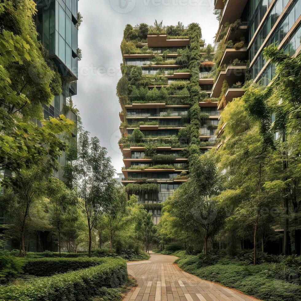 Skyscrapers and Lush Vegetation A Harmonious Blend of Nature and Urban Architecture   generative AI photo