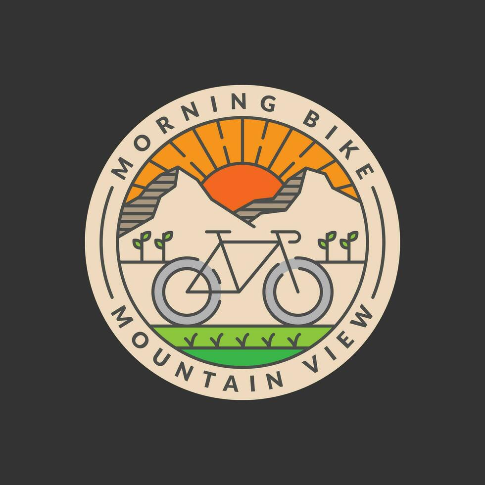 Mañana montaña andar en bicicleta Insignia vector ilustración. montaña y bicicleta monoline o línea Arte estilo. diseño lata ser para camisetas, pegatina, impresión necesidades