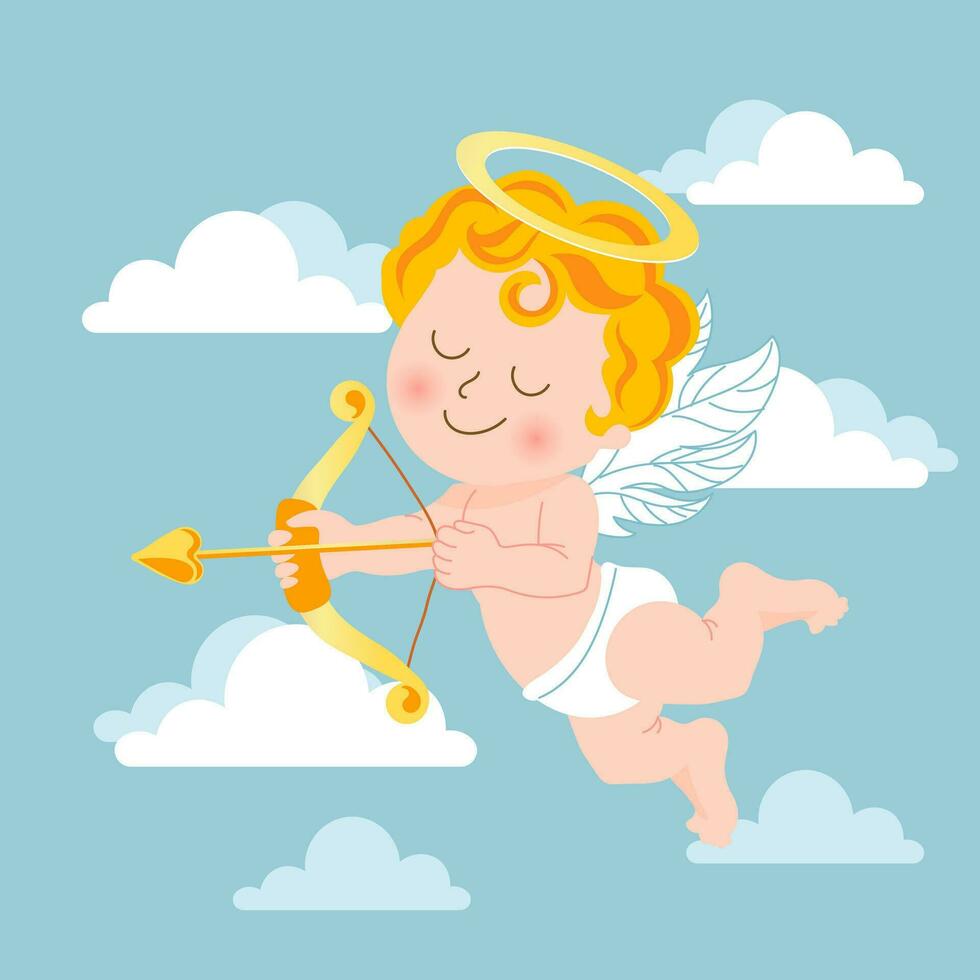 lindo cupido con arco y flecha, ángel bebé con un halo en el cielo con nubes. ilustración, vectorial vector
