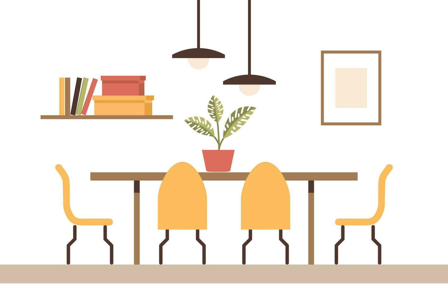 Dining table in the living room with chairs, a house plant on the table, a poster, a shelf with books and modern lamps. Flat interior in minimal style, vector