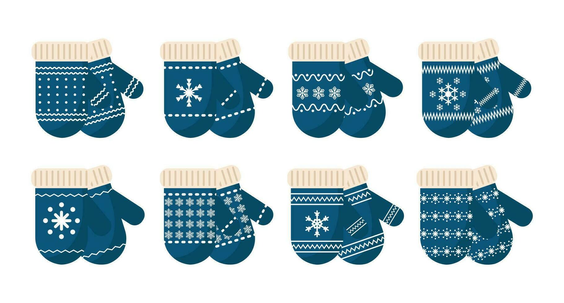 Set of mittens with snowflake ornament. Print, Christmas decor elements, vector