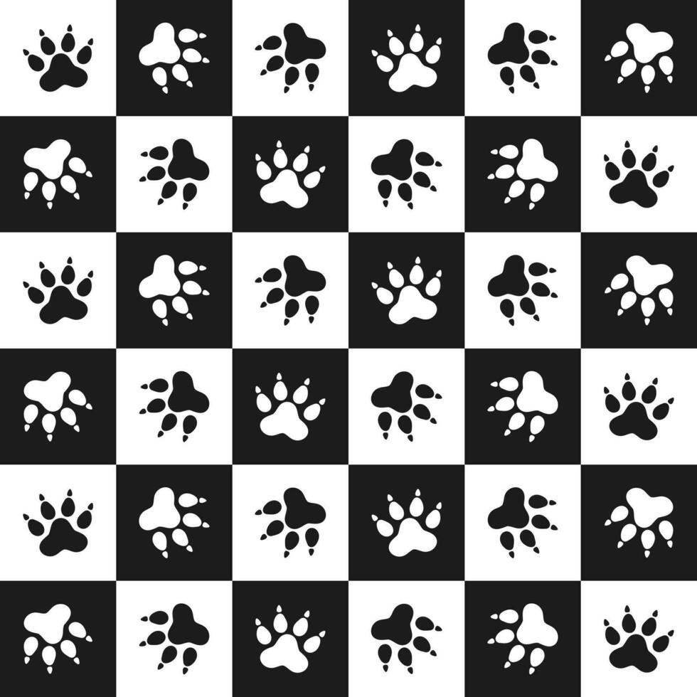 Seamless pattern, cat and dog footprints on a checkered background. Black and white simple design. Print, background, wallpaper, vector