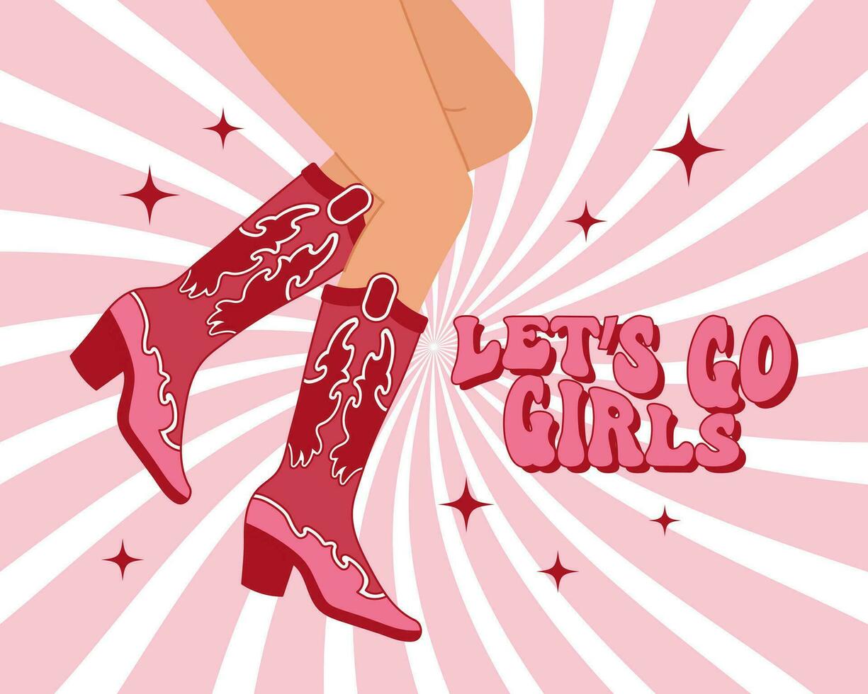 Women's elegant legs in cowboy boots with an ornament. Pink Western Cowgirl style boots and text on a retro background. Illustration. Vector