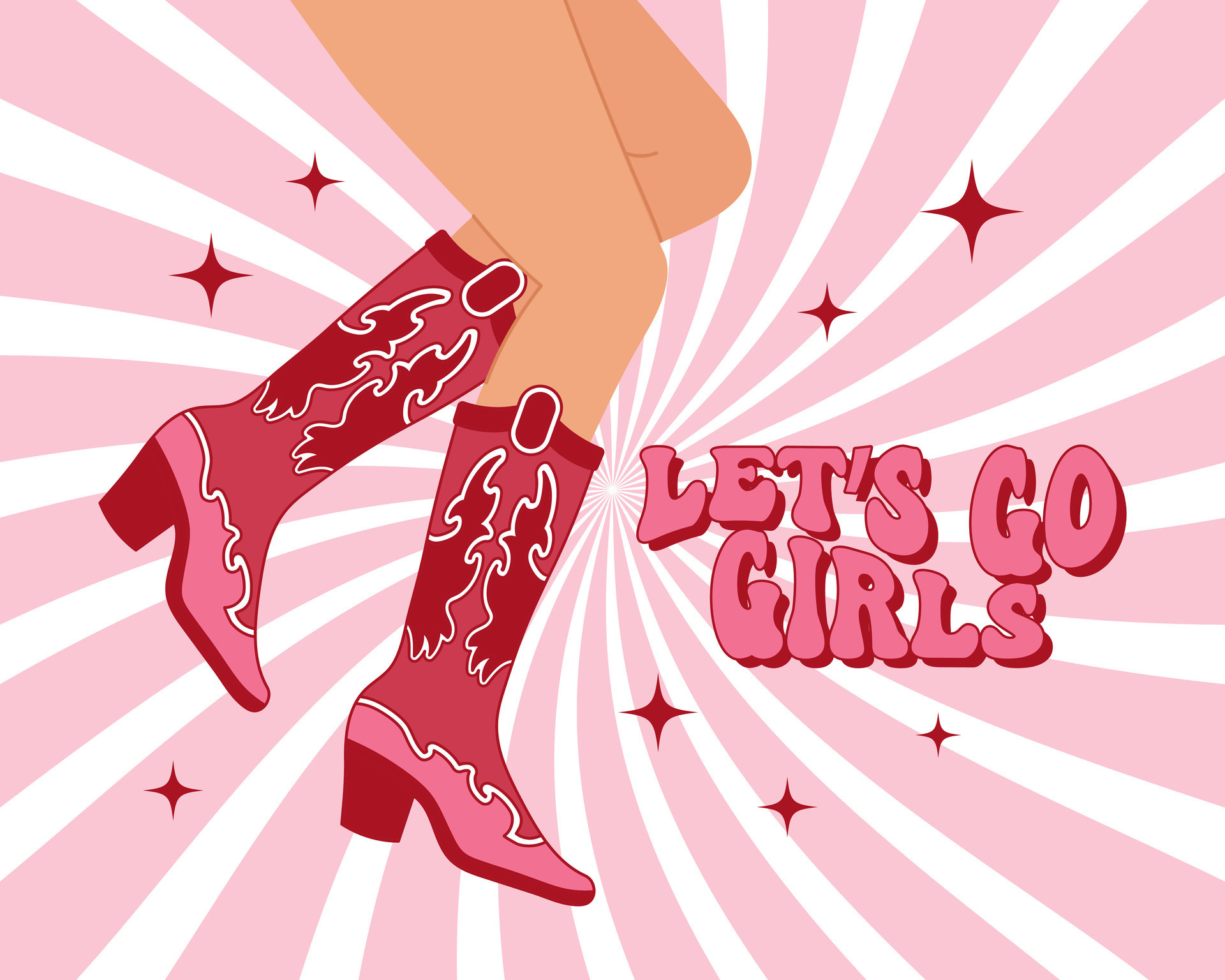 Women’s elegant legs in cowboy boots with an ornament. Pink Western