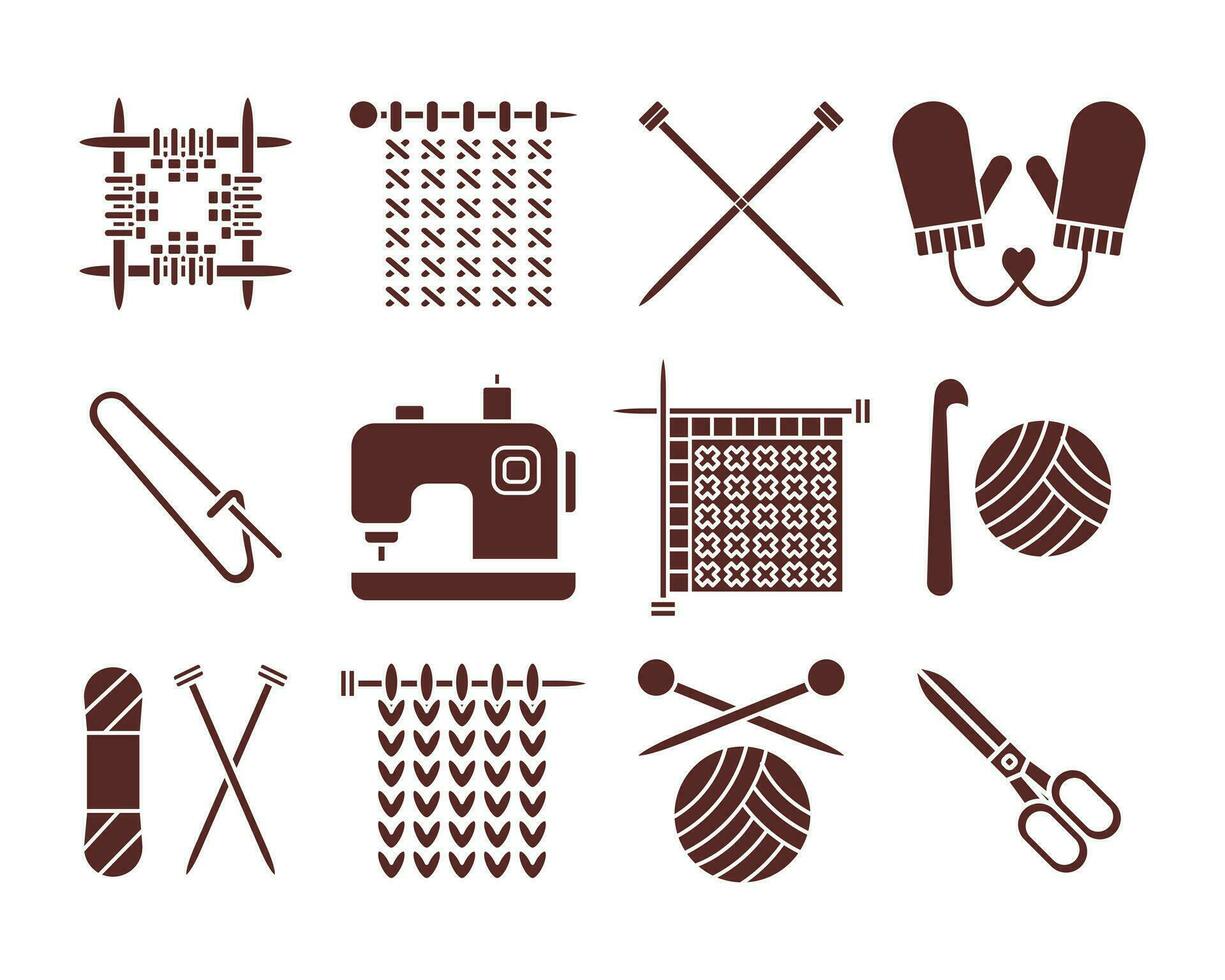 Knitting, black icons set. Crochet knitting machine with needle threads. Hobby and needlework concept. Templates, vector